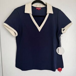 NWT women’s STAUD Blue and Cream Short Sleeve Top polo large